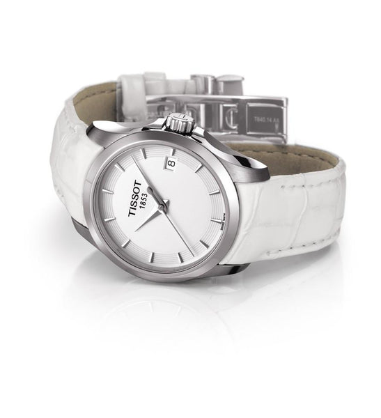 TISSOT COUTURIER LADY QUARTZ WHITE DIAL WATCH WITH WHITE LEATHER STRAP